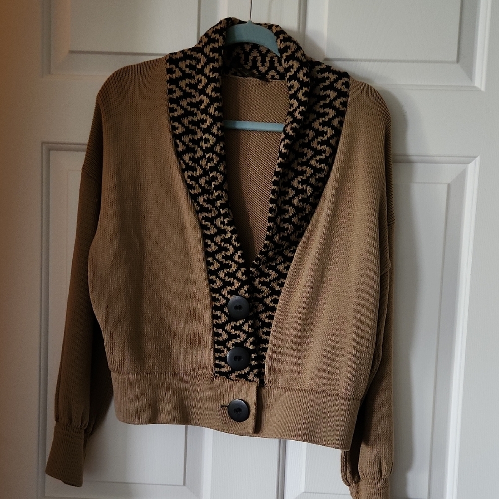 Stylish Tan Cardigan with Black Accents